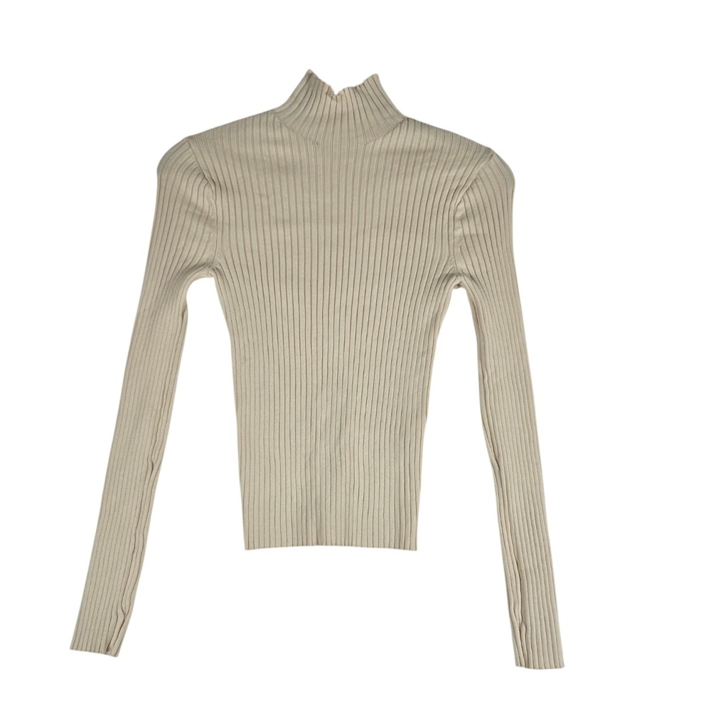 Zara Ribbed Knit Top Womens Small Solid Cream Mock Neck Long Sleeve